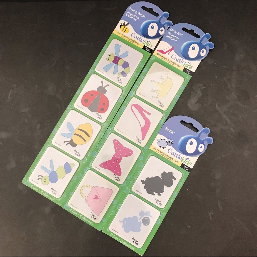 Lot of 3 Cuttlekid cutting dies (Flying Bugs, Girly Girl, Sofia)